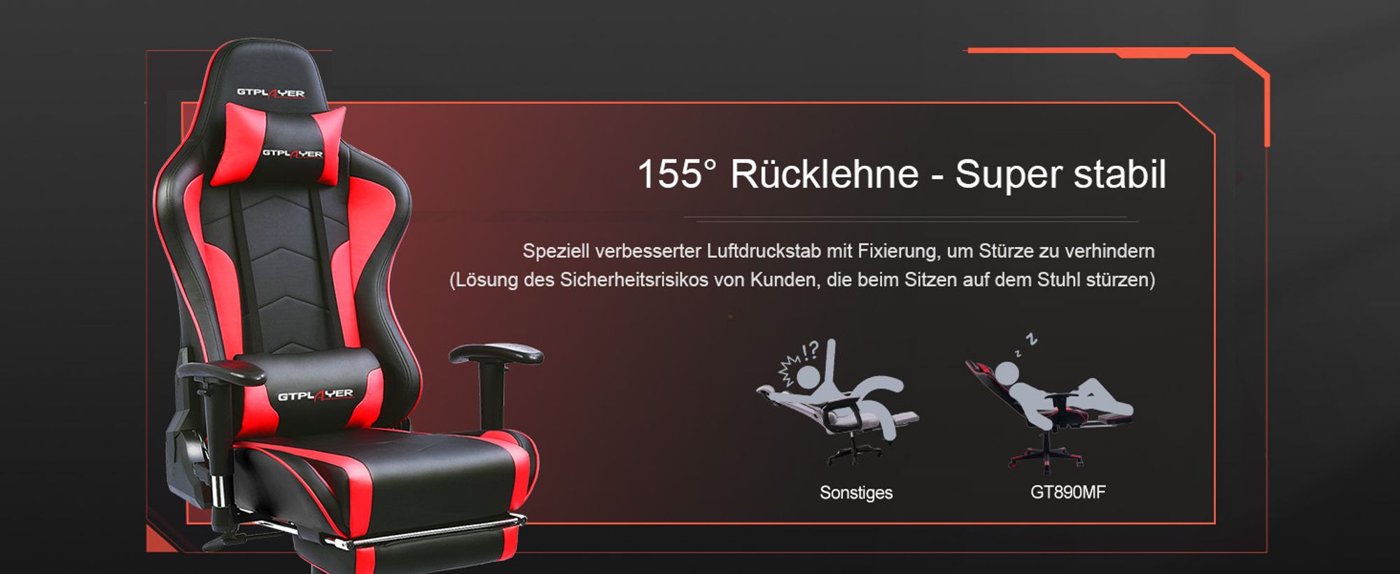 GTPLAYER Gaming Chair »Welt-limitierte Auflage 890MF Patentierter Bluetooth-Lautsprecher-Gaming-Stuhl«, Bürostuhl inkl. Lenden- und Nackenkissen, Ausziehbare Fußablage, Ergonomischer Schreibtischstuhl Rot