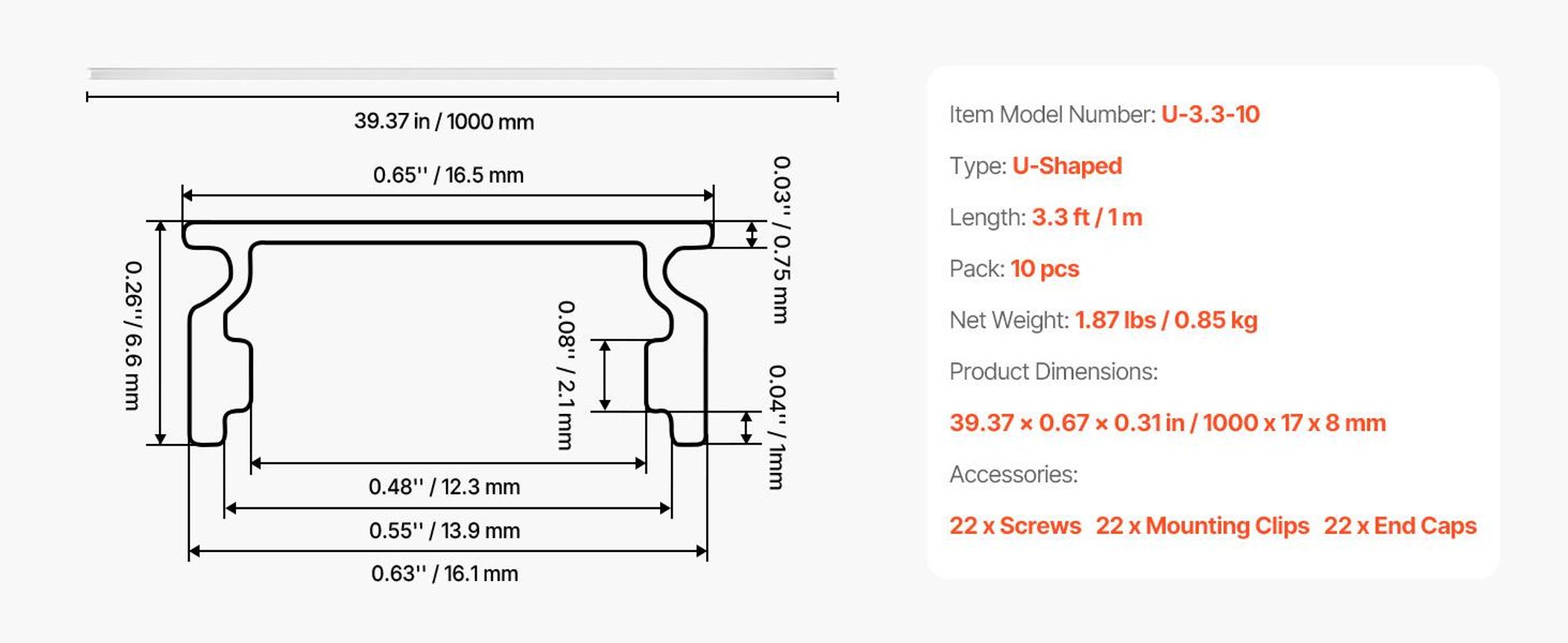 VEVOR LED Profil 10er-Pack 1 m, Eloxierte Aluminiumprofile mit Milchiger Abdeckung, Endkappen & Befestigungsclips, Kanäle, Diffusor für LED-Streifen, Ideal für Unterbau-Arbeitsplatten, U-Form