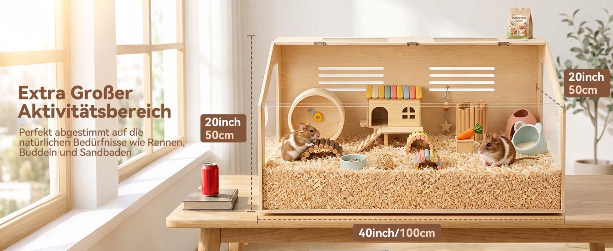 DOMIPET Holz-Hamsterkäfig 100x50x50 cm mit Acrylscheiben, Nagersicheres Kleintiergehege für Hamster, Meerschweinchen & Chinchillas