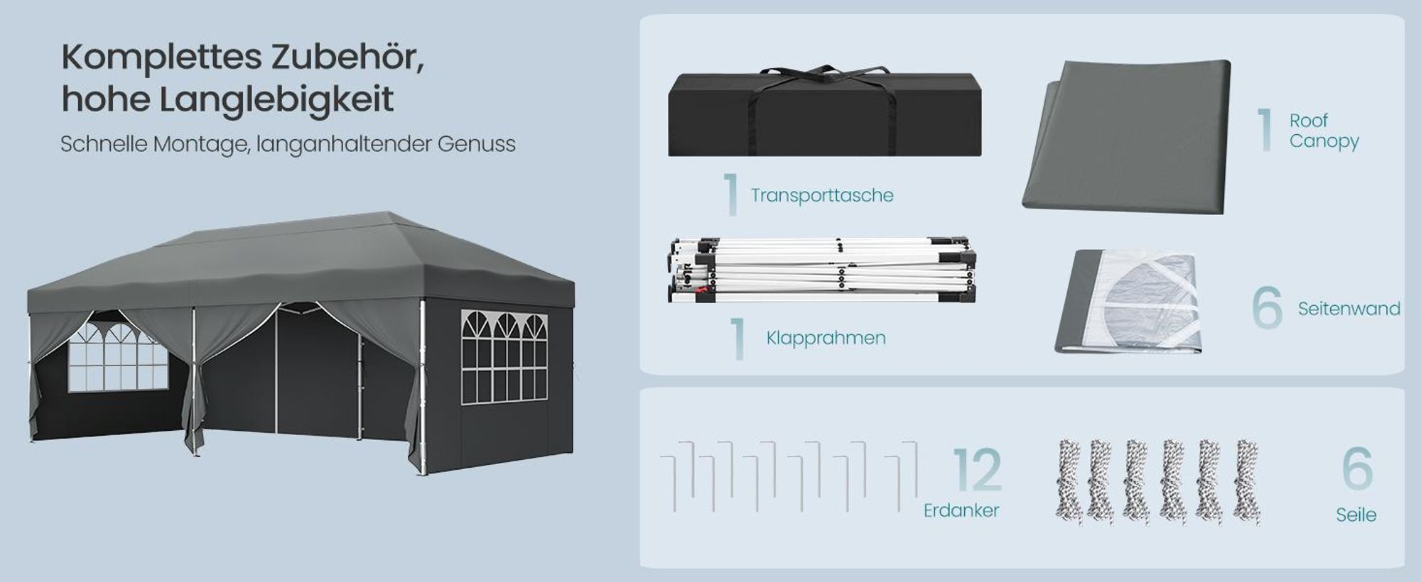 SONGMICS Faltzelt 6 x 3 m, mit Seitenwänden, stabil, tragbar, Pavillon für Garten, Hof, Party, Sonnenschutz, grau