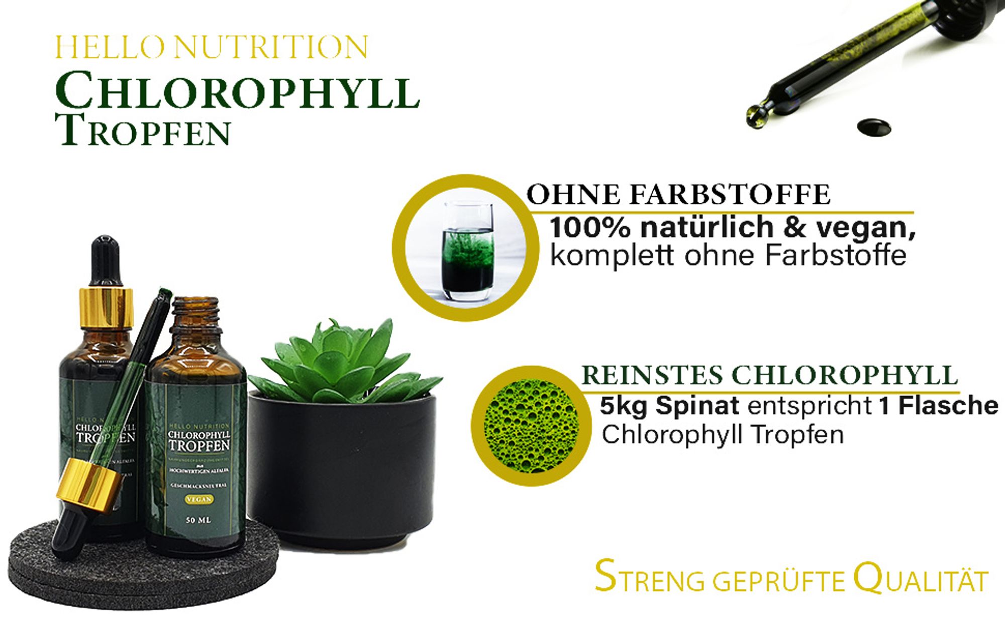 Hello Nutrition ® Chlorophyll Tropfen – Stärken des Immunsystems – Erhöhung der Energie und Vitalität – Unterstützung der Verdauung – vegan