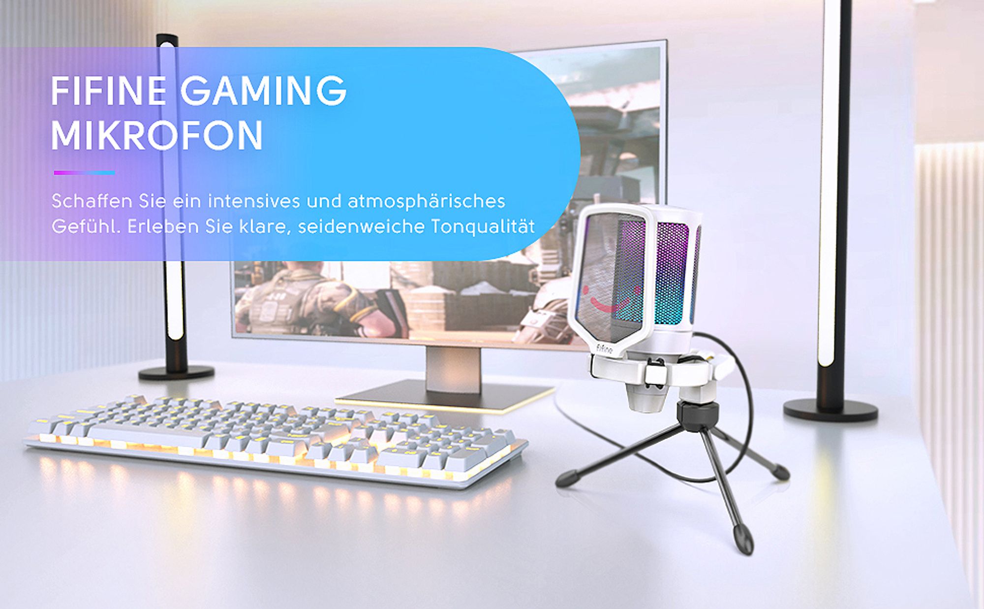 FIFINE Gaming Mikrofon PC USB Streaming Microphone mit Mikrofon Ständer, Weiß