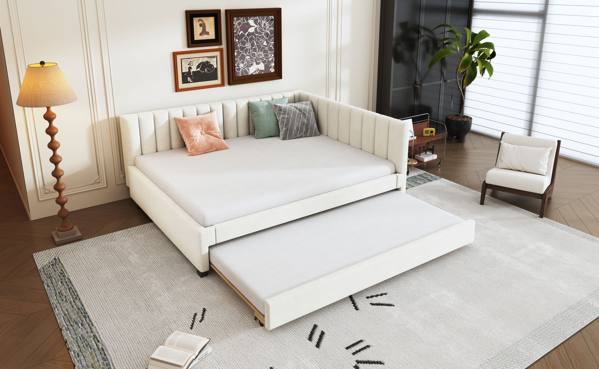 okwish Schlafsofa Daybett 90x200cm mit Ausziehbarem Unterbett 90x190cm und Lattenrost, Tagesbett Kinderbett Jugendbett aus Holz(Ohne Matratze)- Beige