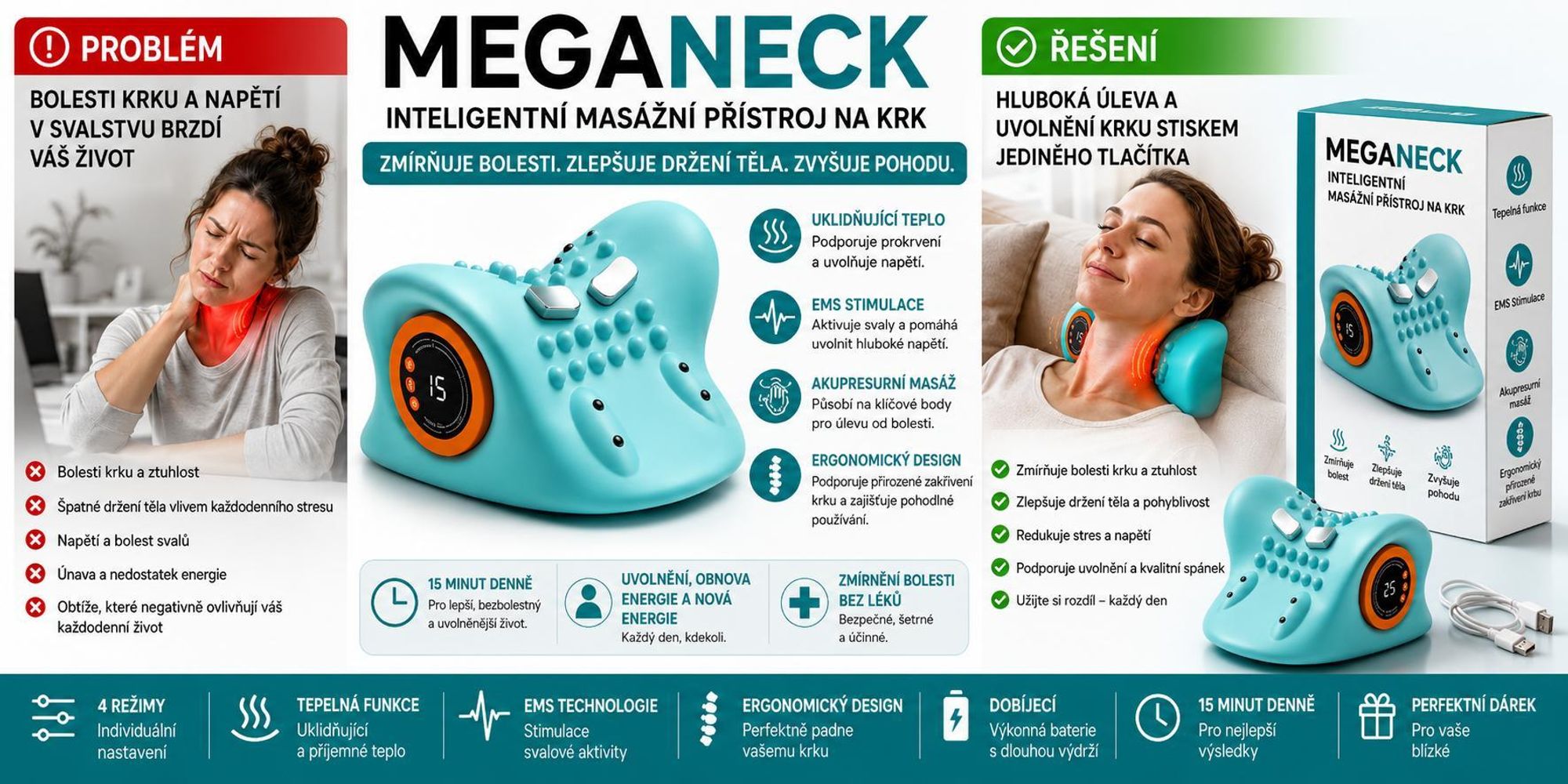 Elektrický masážní přístroj na krk s funkcí EMS, vyhříváním, protahováním a akupresurou, masážní přístroj na baterii proti bolestem krku – MEGANECK