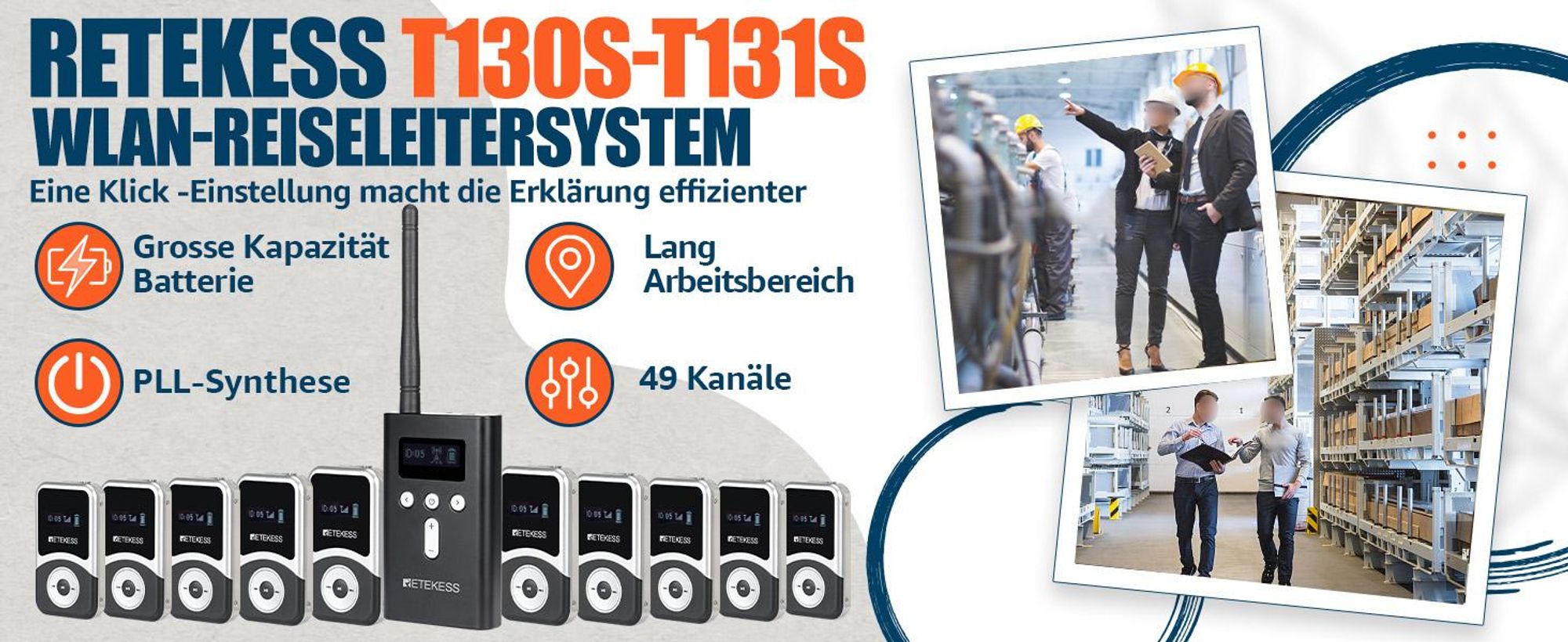 Retekess T130S Tour Guide System, 100M Audio Guide, 49 Kanäle,  D-Kopfhörer, Kabellose Gruppenführungssystem für Tourismus, Werksbesichtigungen
