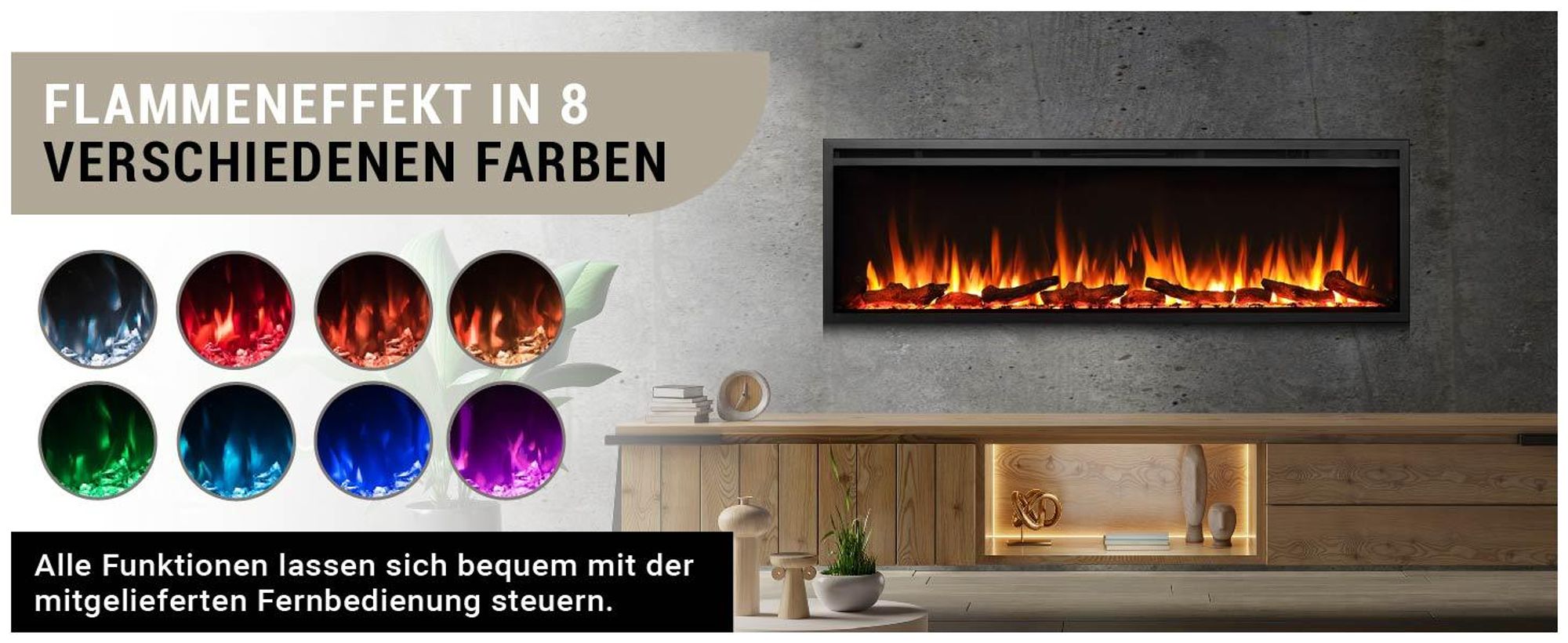 BALDERIA Elektrokamin Atalanta 60" | Einbaukamin, 3D-Flammeneffekt,Ambientebeleuchtung, Heizung 1500W, App, Knistereffekt, Timer, Thermostat | Schwarz