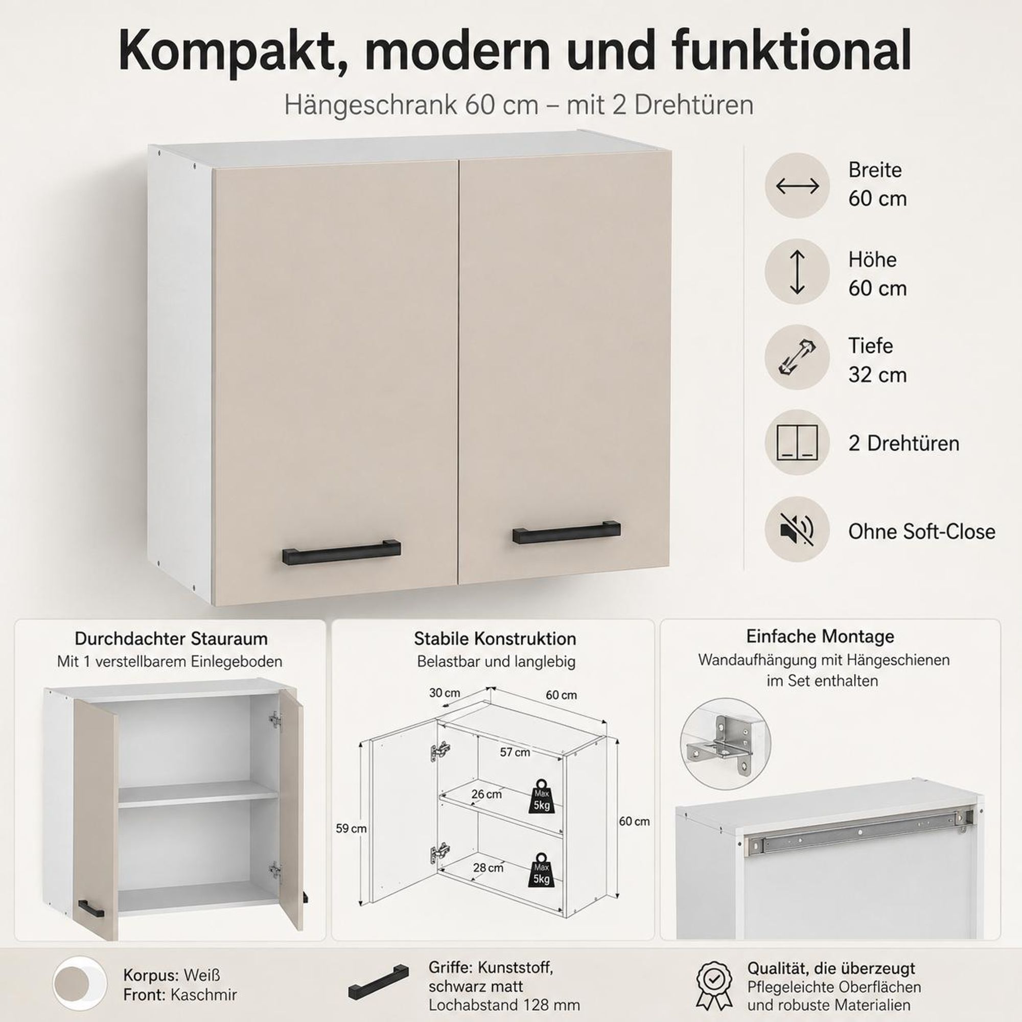 Küchen-Oberschrank 60 cm Kaschmir / Beige mit 2 Türen, Einlegeboden und Wandmontage.