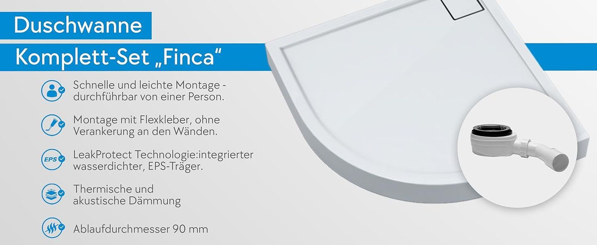 AQUABAD® Duschwanne Komplettset Finca LeakProtect® Smooth White 100x100cm R55 Viertelkreis mit Ablaufgarnitur