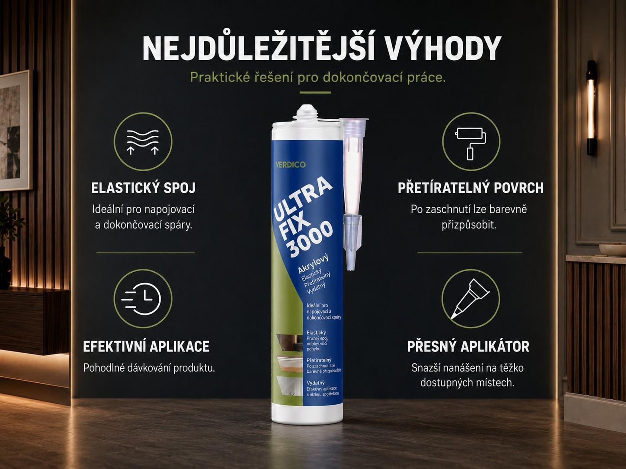 Akrylové lepidlo které se vyznačuje takovými výhodami, jako je pružný spoj a přesný aplikátor.