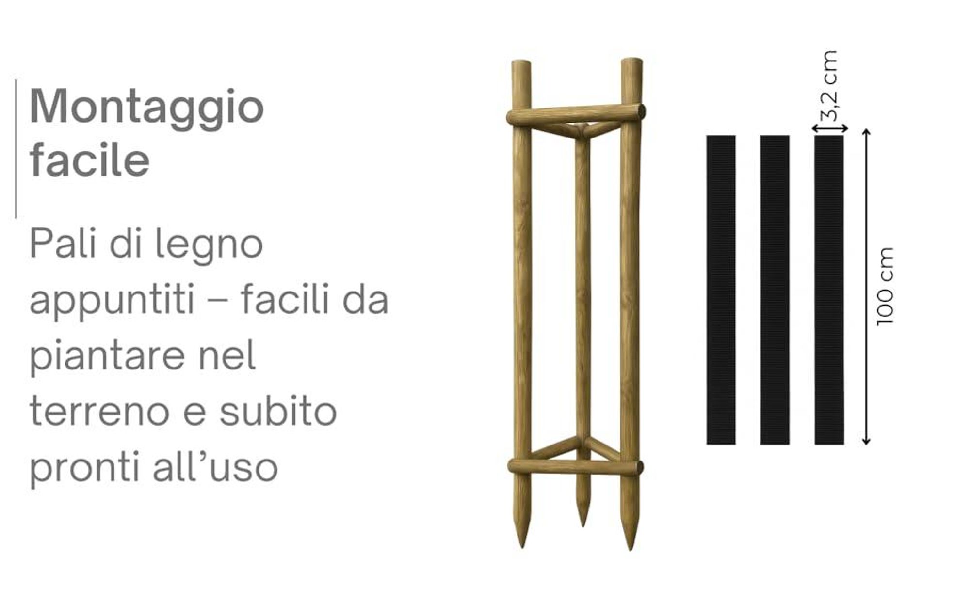 TIMBERMIK Kit Tutto Incluso per Sostegno Alberi Ø 6 cm 240 cm – 3 Pali in Legno 3 Cinghie Nere 6 Semicerchi Legno Supporto Piantagione Giardino