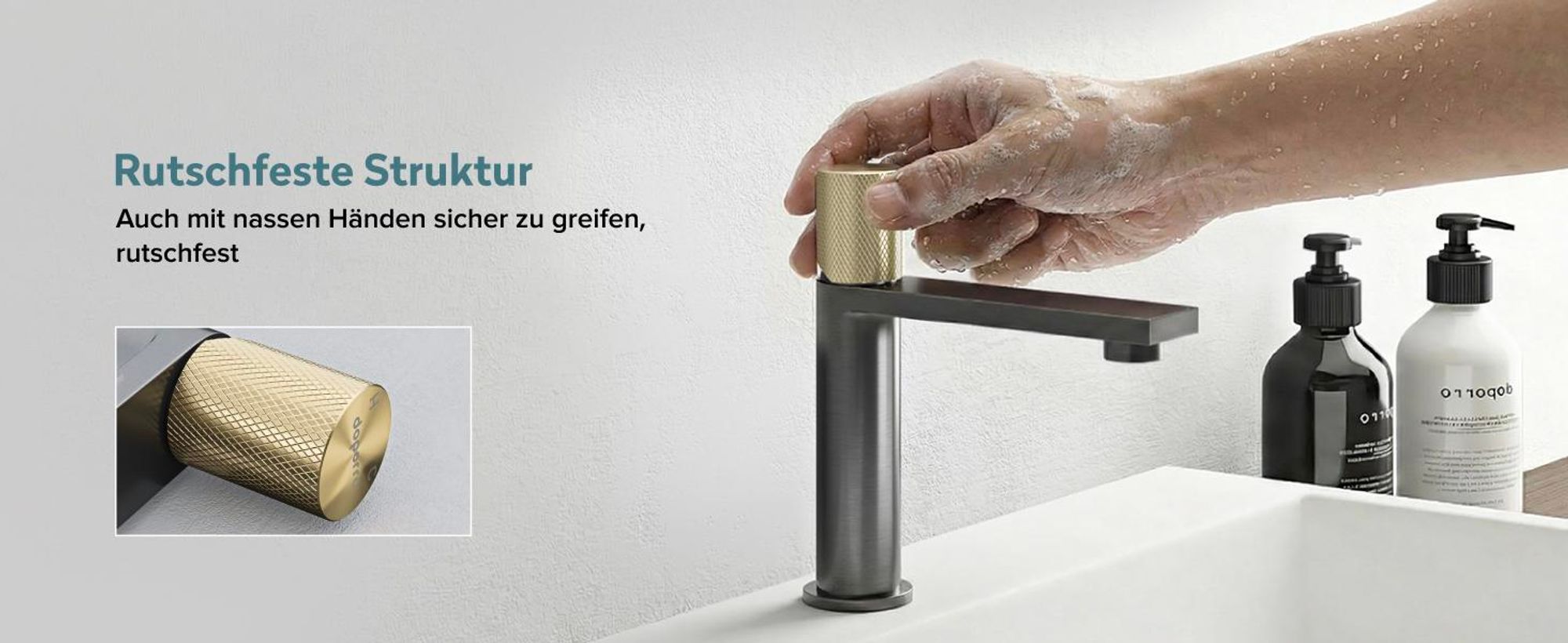 doporro Wasserhahn Bad, Waschtischarmatur mit Auslaufhöhe 107 mm, Edelstahlgehäuse, Mischbatterie für Waschbecken Armaturen Grau Fino-01