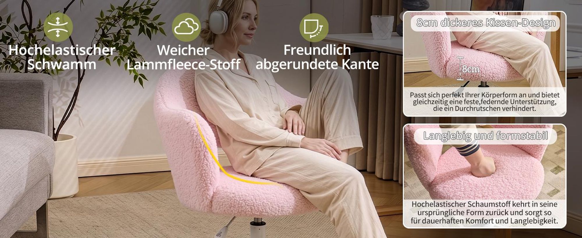 Alightup Drehstuhl in Blütenform mit Lendenkissen,Schreibtischstuhl, Gasfeder, Bezug aus Lammfellstoff, 1 Stück, 59×57×76‑85,5 cm, 360°, Rosa