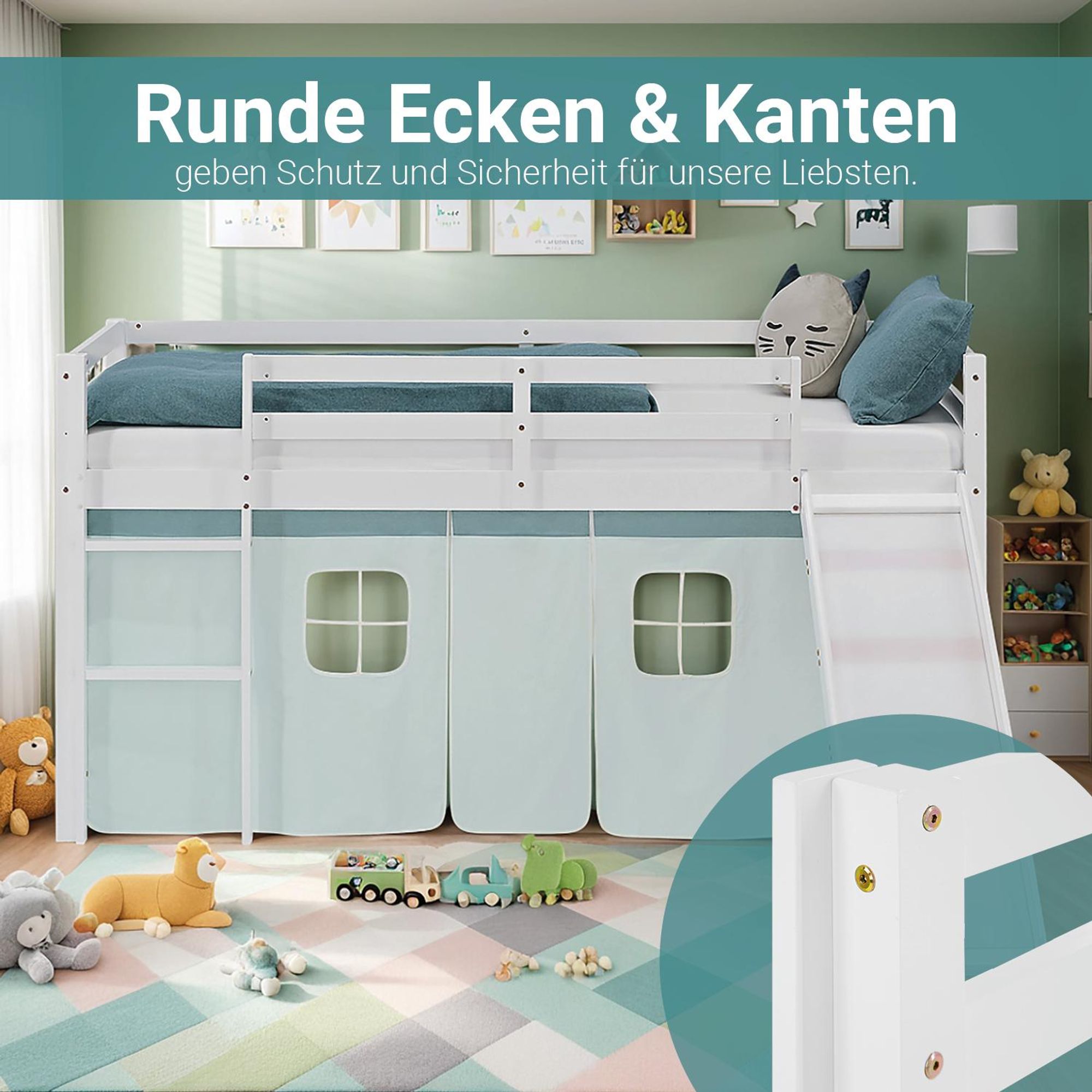 Das Kinderbett verfügt über abgerundete Ecken und Kanten.