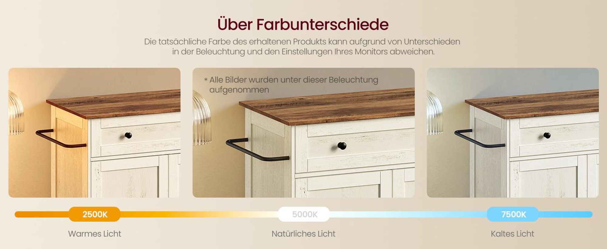 VASAGLE Küchenschrank mit Rollen, Küchenwagen mit Arbeitsplatte, Kücheninsel, Schublade, verstellbare Ablage, weiß-braun