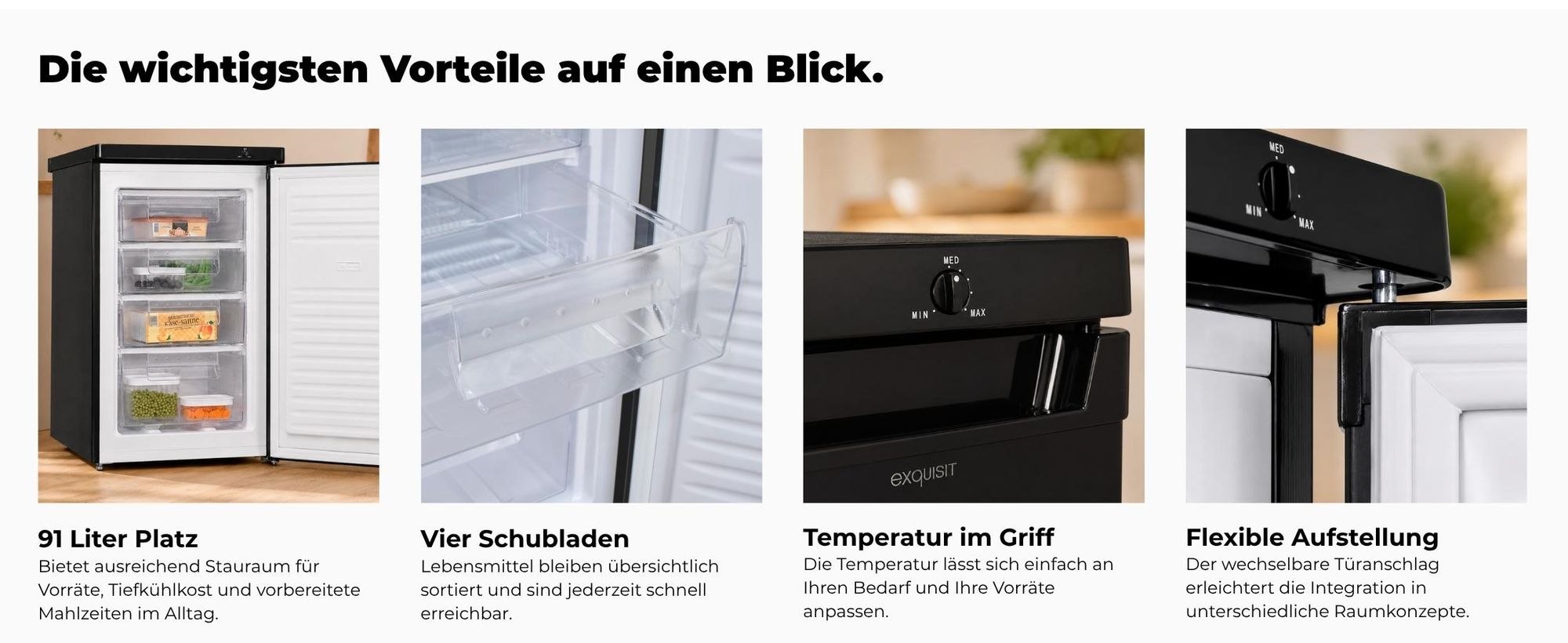Exquisit Gefrierschrank 91 l kompakt | Energieklasse E | leise 40 dB | 85 cm Höhe | freistehend - unterbaufähig | GS512-040E schwarz | Schwarz