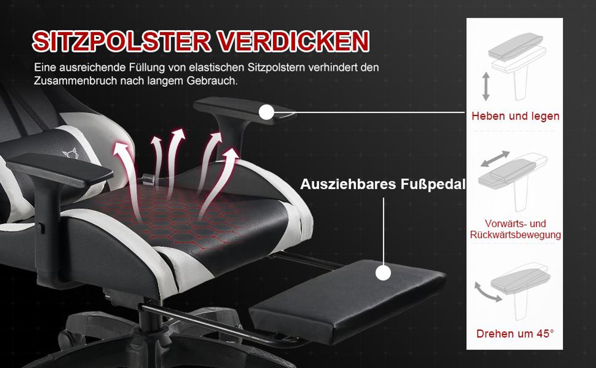 FOXSPORT Gaming Stuhl Bürostuhl Ergonomisch mit einklappbarer Fußstütze+Lendenkissen+ Kopfstütze+flexiblen Armlehnen Computerstuhl bis 150kg Schwarz