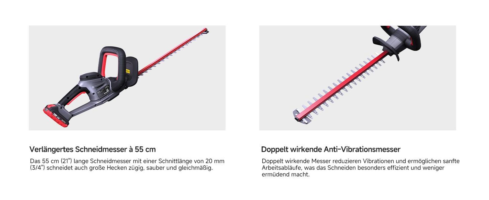 MOVA GH221 – Akku-Heckenschere 55 cm (21") Schwertlänge, 20 mm Schnittstärke, doppeltwirkende Klinge, vibrationsarm, ergonomischer Griff