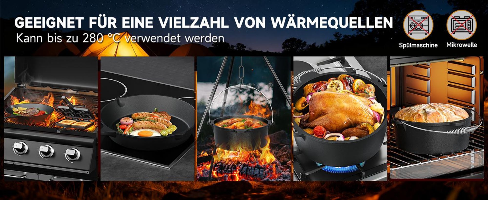 HOMELUX 12-teiliges Dutch Oven Set in Holzkiste, Kochtopf, Pfanne, Saucentopf, Wende-Grillplatte, Waffeleisen, Stapelrost, Ringreiniger, Schaber Set