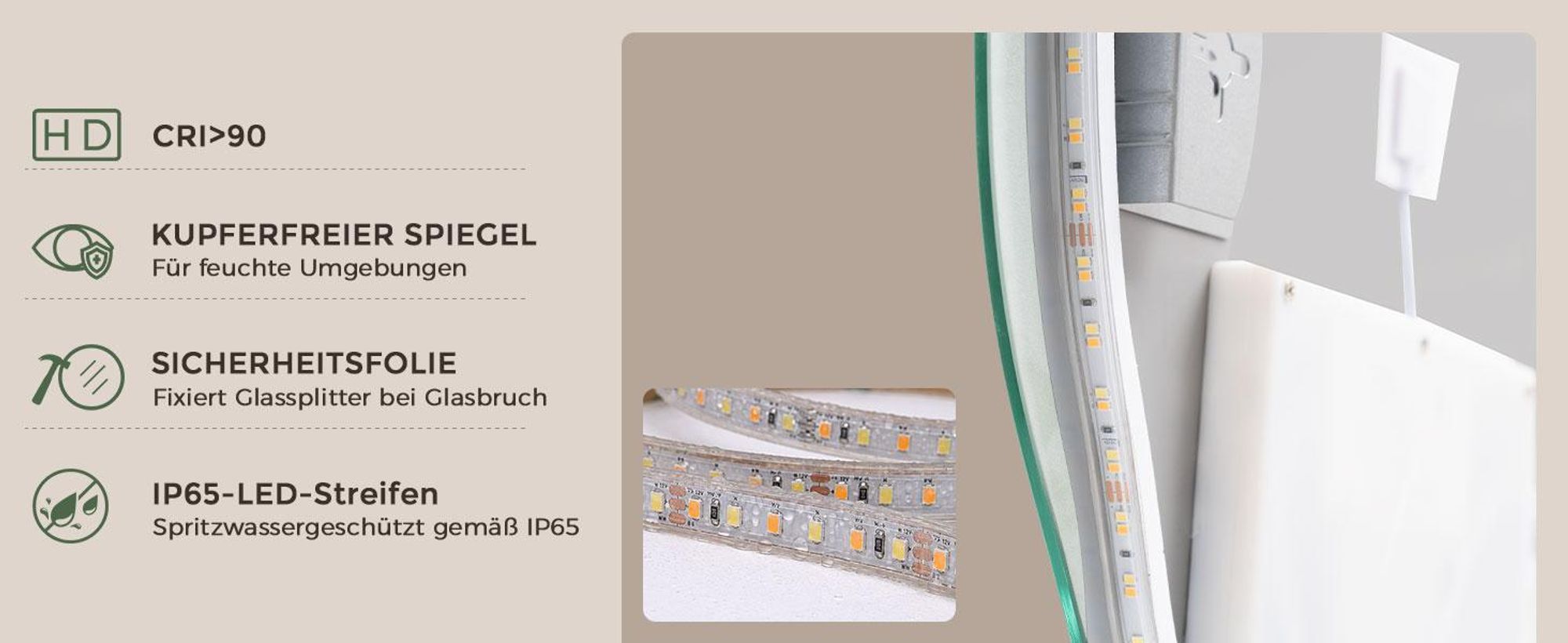 S'AFIELINA Badspiegel mit Beleuchtung 48 × 72 cm, rahmenlos, asymmetrisch,3 Lichtfarben, dimmbar, Antibeschlag und Memory-Funktion