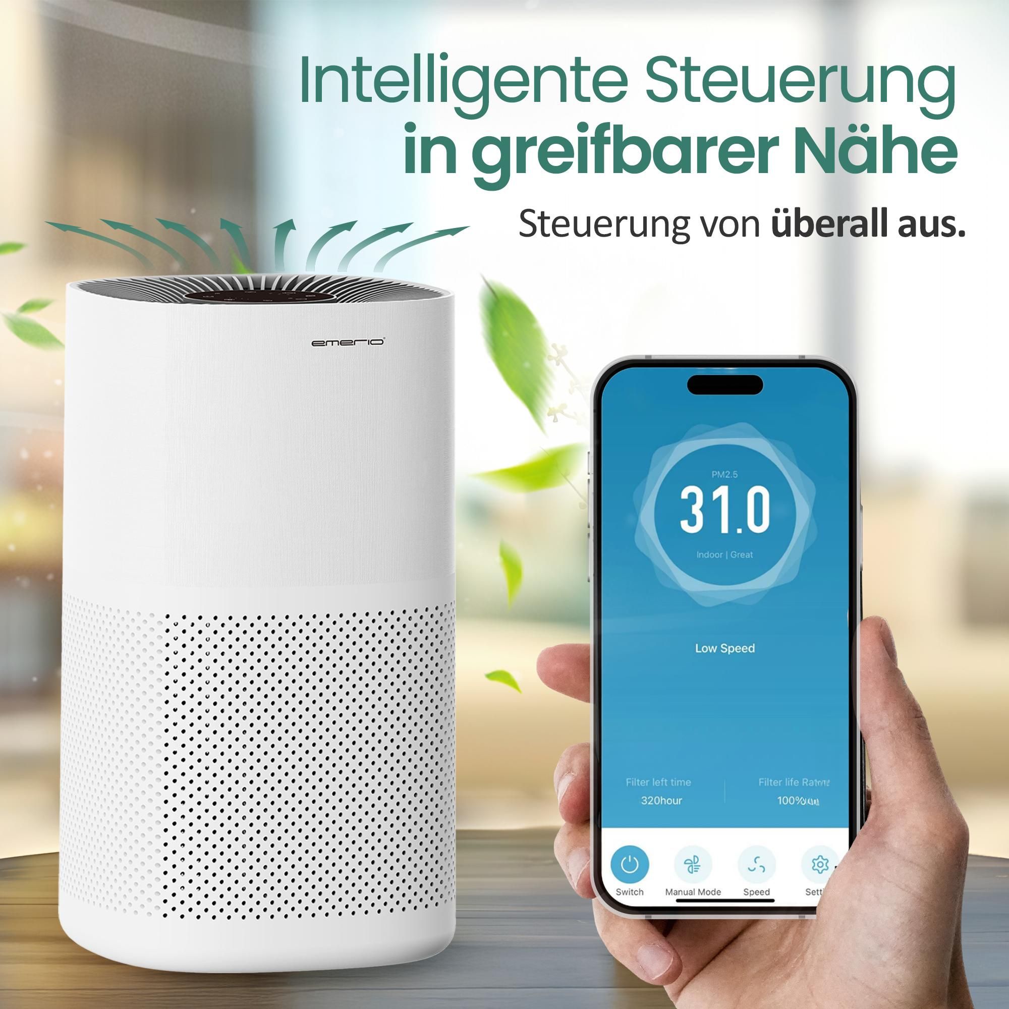 Emerio Luftreiniger – 45 m² – 50 dB – HEPA-13 & Aktivkohlefilter – mit App – Ionisationsfunktion – Luftqualitätsanzeige – Timer – AP-132325