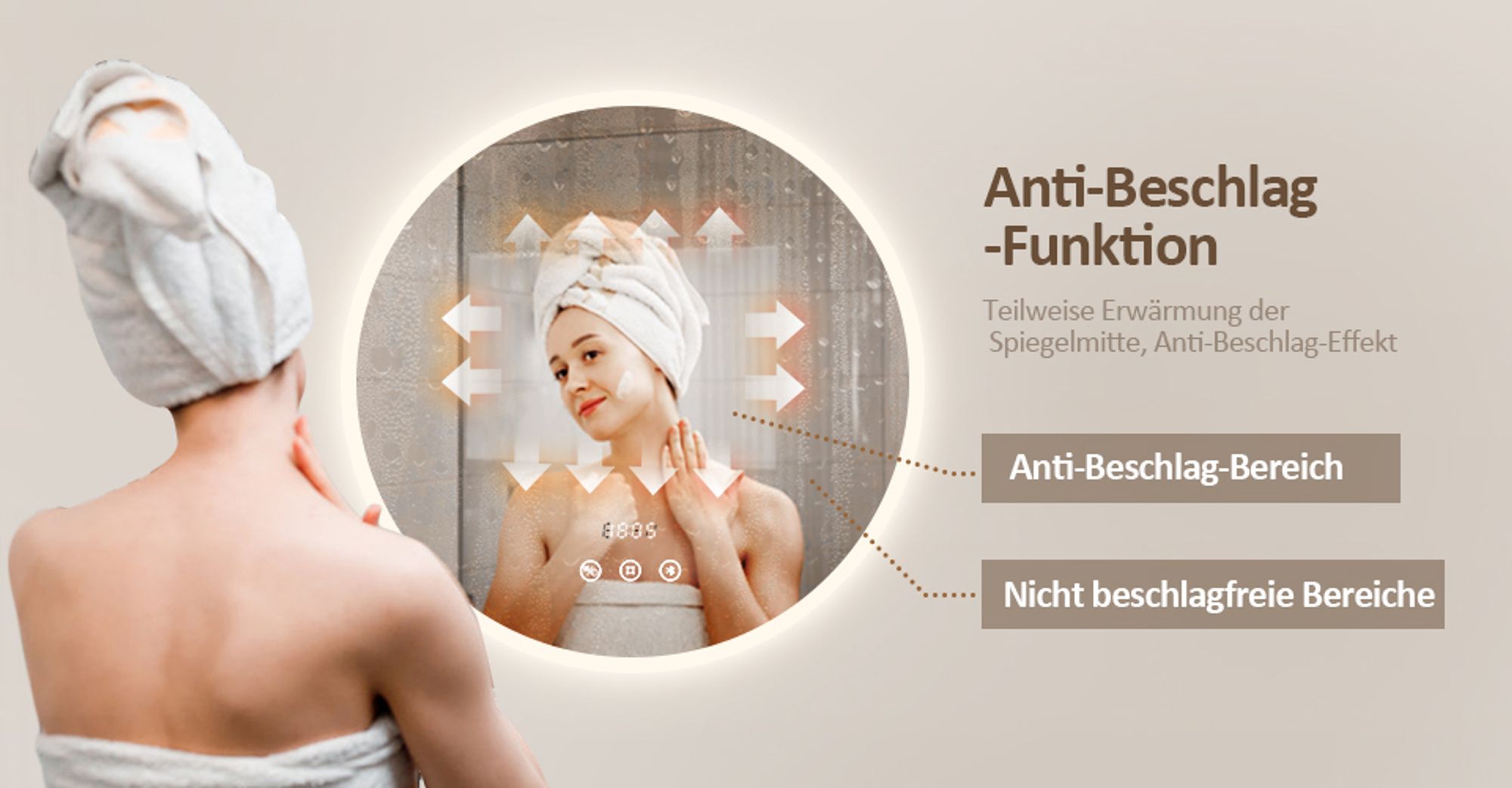 Heilmetz Badezimmerspiegel Rund 60cm Durchmesser LED Badspiegel mit Touch Schalter mit Natürliches Licht 4300K Lichtspiegel Badezimmerspiegel Display mit Temperatur und Uhrzeit Bluetooth
