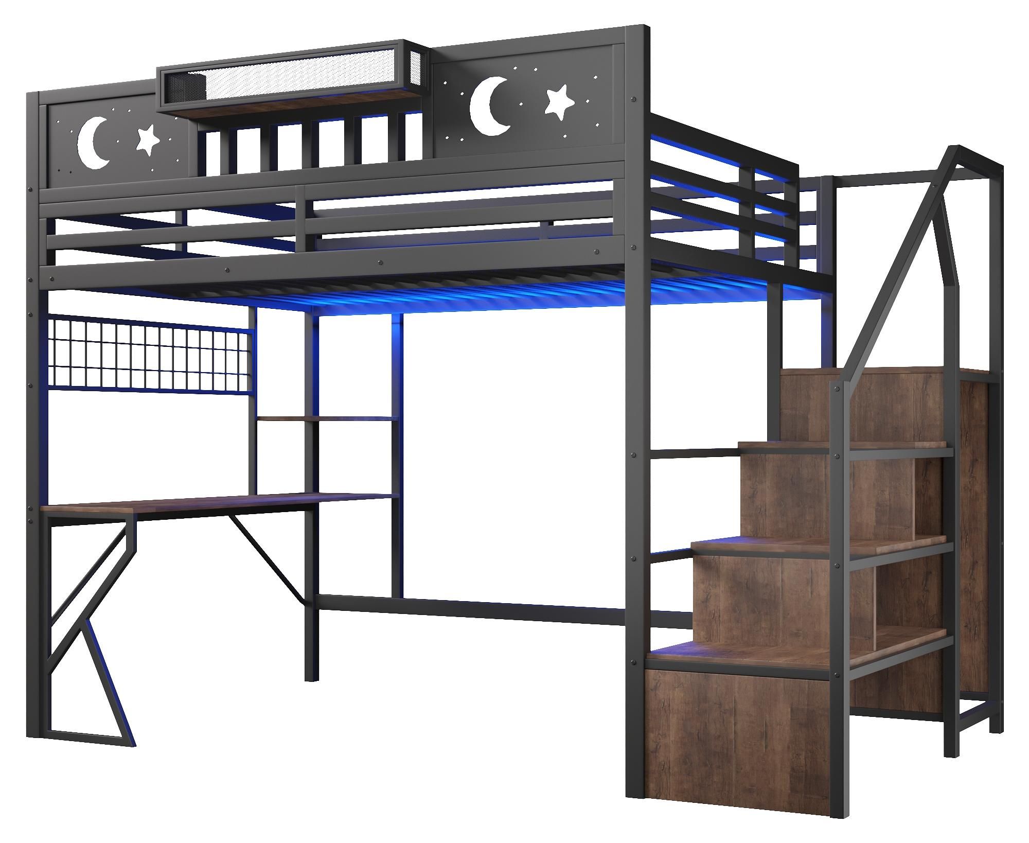 Flieks Etagenbett 140x200cm mit USB, Hochbett mit Led, Kinderbett Jugendbett mit Schreibtisch und Lochwand, Stockbett Metallbett mit Treppe, Schwarz