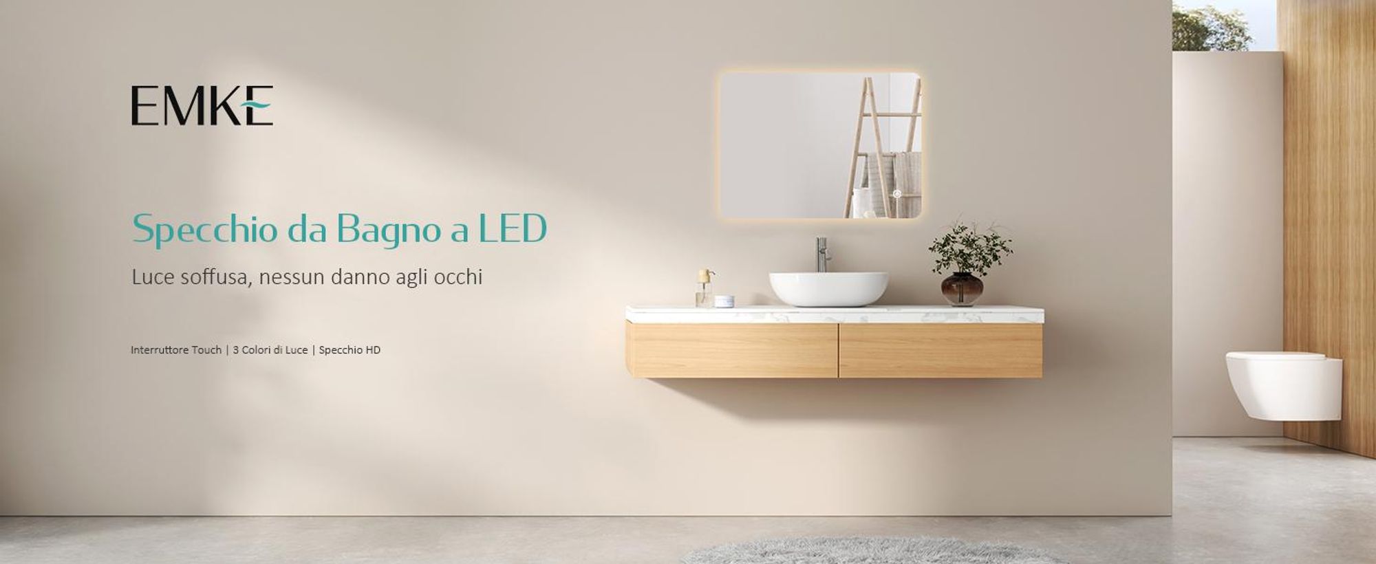 EMKE Specchio da bagno a LED 80x60cm con illuminazione 3 colori di luce bianco freddo neutro bianco caldo Specchio luminoso specchio da bagno con interruttore a sfioramento