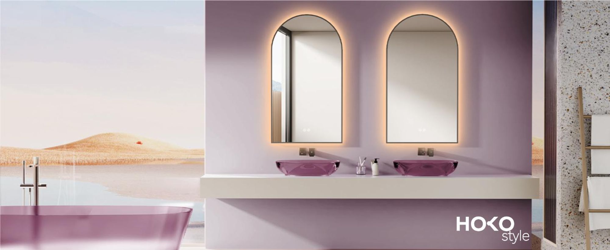 HOKO specchio da bagno antiappannamento LED curvo 50x90cm con cornice in metallo, montaggio HIGH+QUER. Interruttore touch+cambio di luce 2700-6500K, bianco caldo-bianco freddo