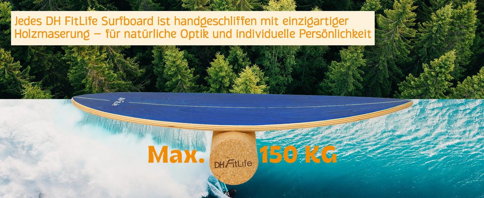DH FitLife Surfing Balance Board aus Echtholz | Indoor Surfboard mit Rocker Shape | Wackelbrett für Kinder und Erwachsene | Spaß & Training Zuhause