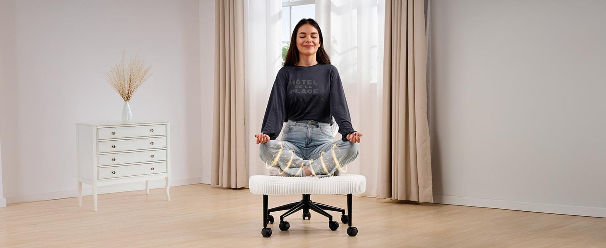 Bürostuhl für Schneidersitz, Ergonomischer Cross-Leg-Stuhl, 360° drehbar, höhenverstellbar, mit Rückenlehne, Weiß, Cord stoff Weiß