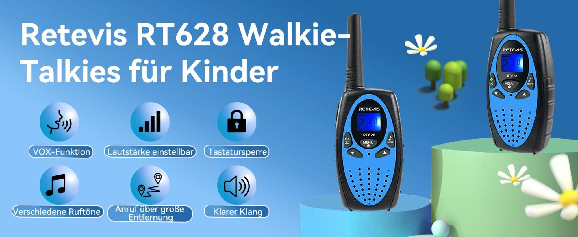 Retevis RT628 Walkie Talkie, Geschenke für Kinder ab 4-12 jahre, mit Taschenlampe VOX, DCS/CTCSS, Funkgerät für Camping Familienspiel
