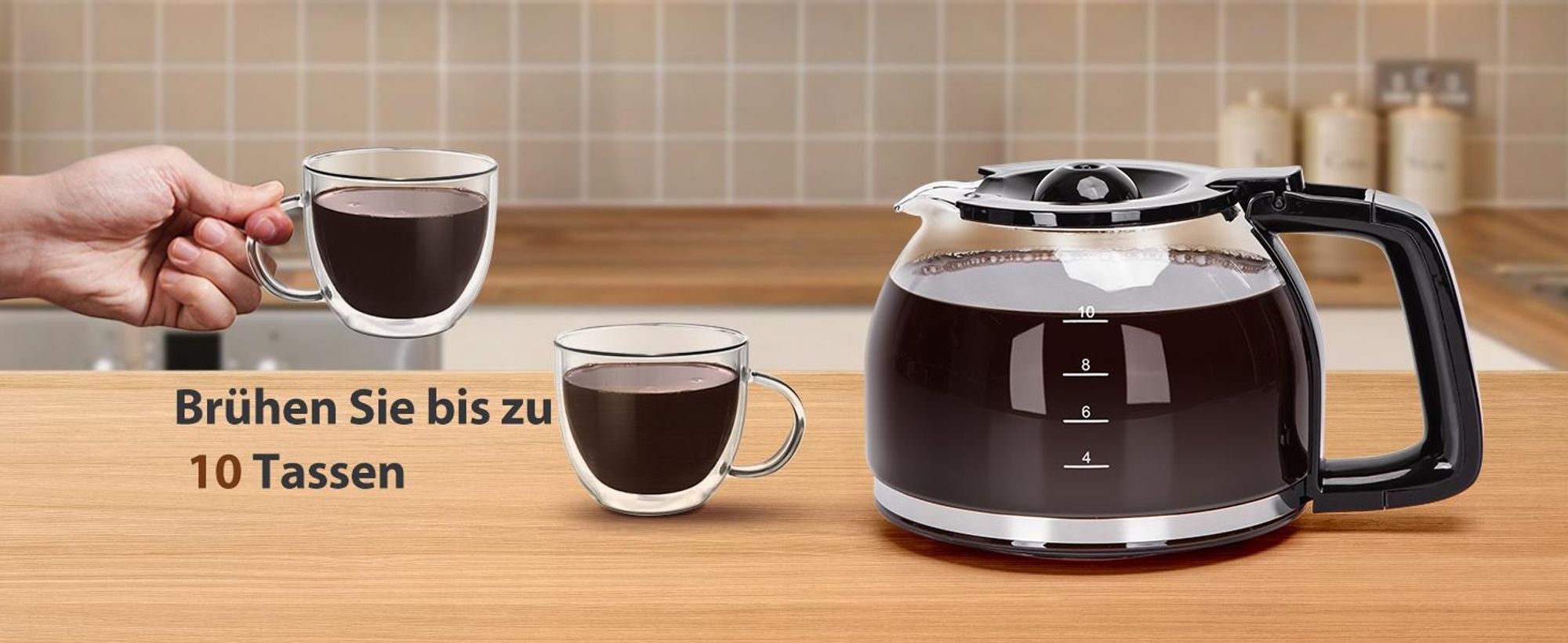 Aigostar Filterkaffeemaschine mit Glaskanne, Kaffeemaschine für bis zu 10 Tassen je Kanne, für aromatischen Kaffeegenuss, Schwarz