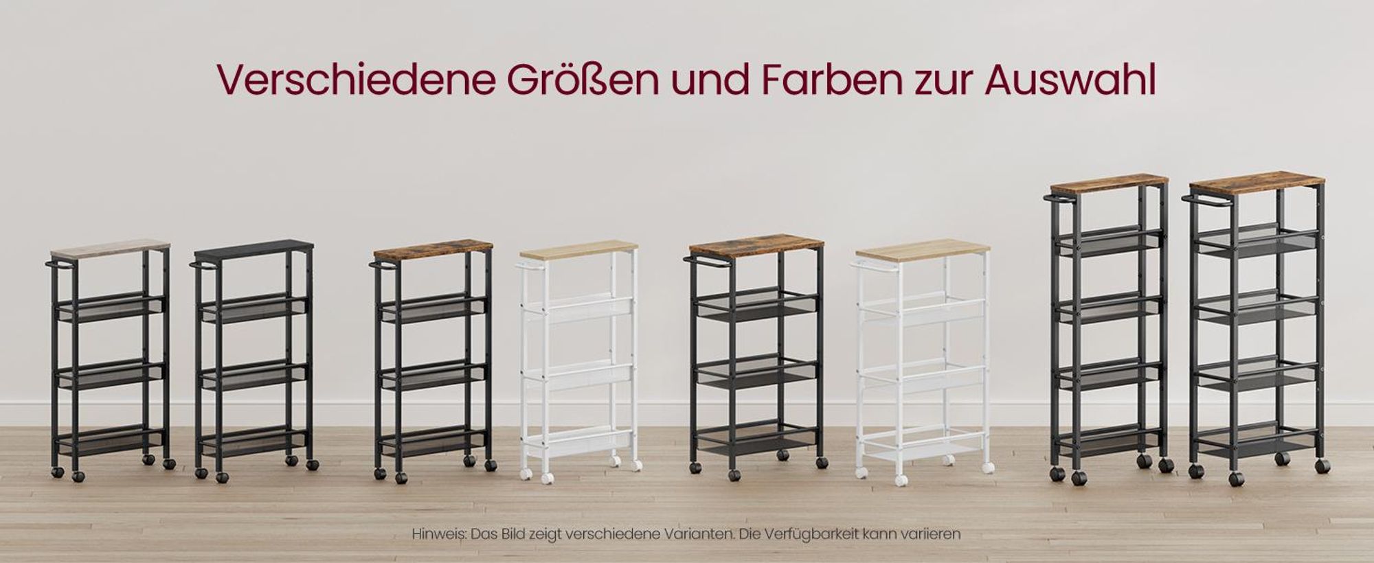 VASAGLE Rollwagen 4 Ebenen, Küchenwagen schmal, Nischenregal auf Rollen, Stahl, Griff, für kleine Räume, 13 x 45,4 x 77 cm, Ebenholzschwarz-schwarz