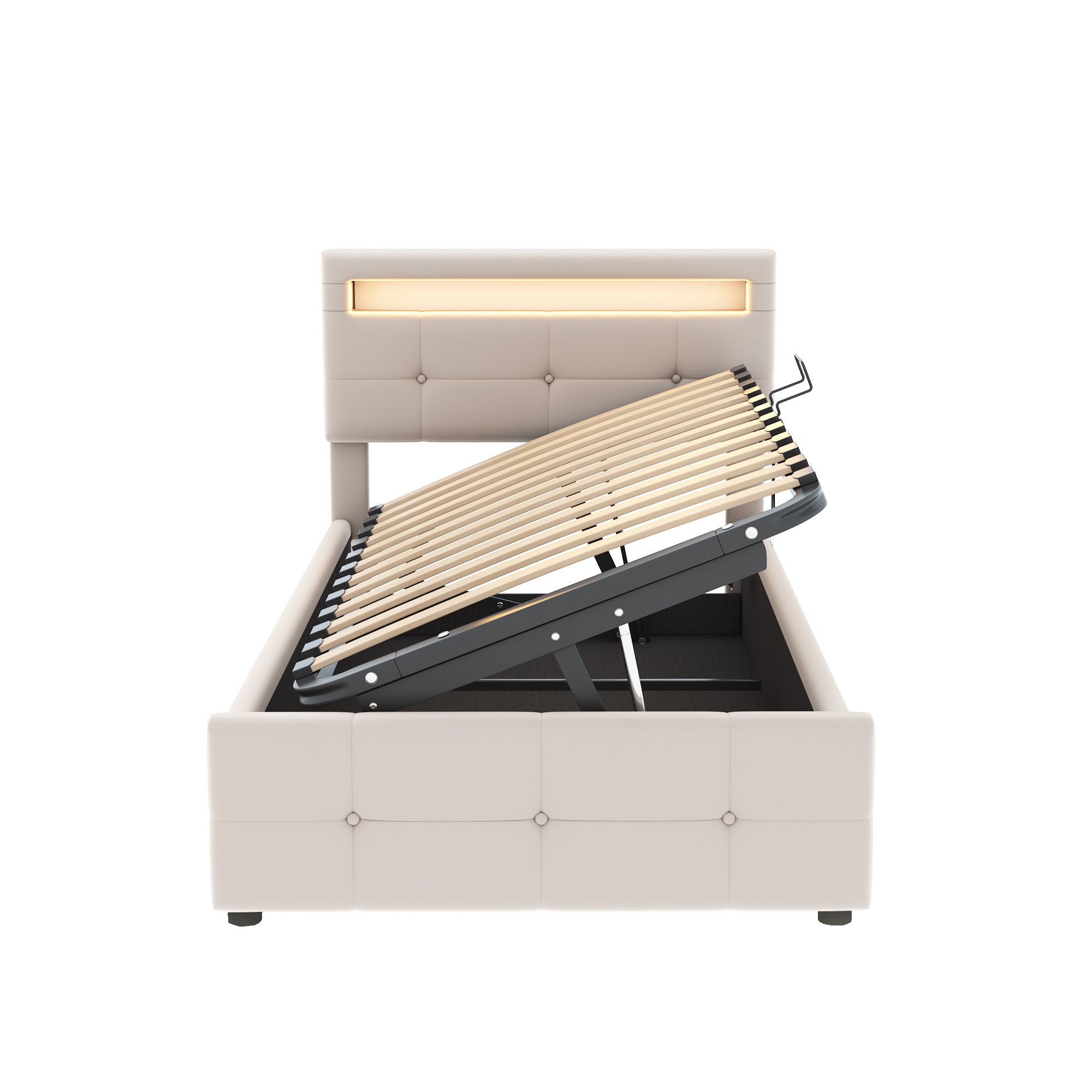 Flieks Hydraulisches Polsterbett 90x200cm mit LED, Jugendbett Einzelbett mit Lattenrost, Stauraumbett Boxspringbett höhenverstellbarem Kopfteil, Samt