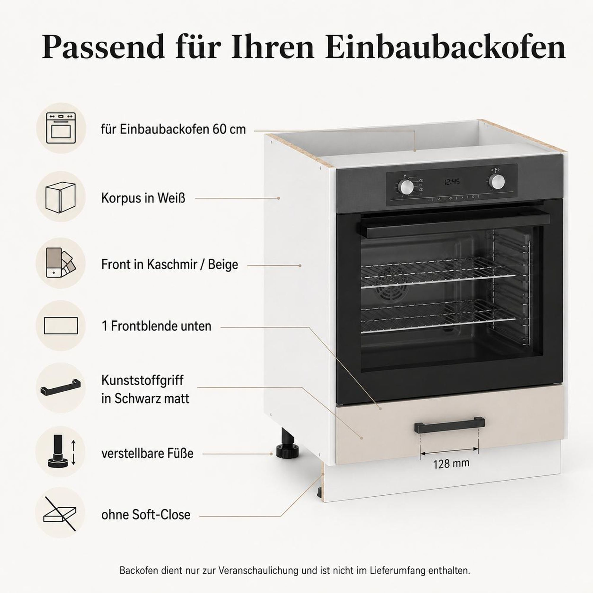 Backofenschrank 60 cm Kaschmir Beige: Technische Übersicht mit Innenmaßen.