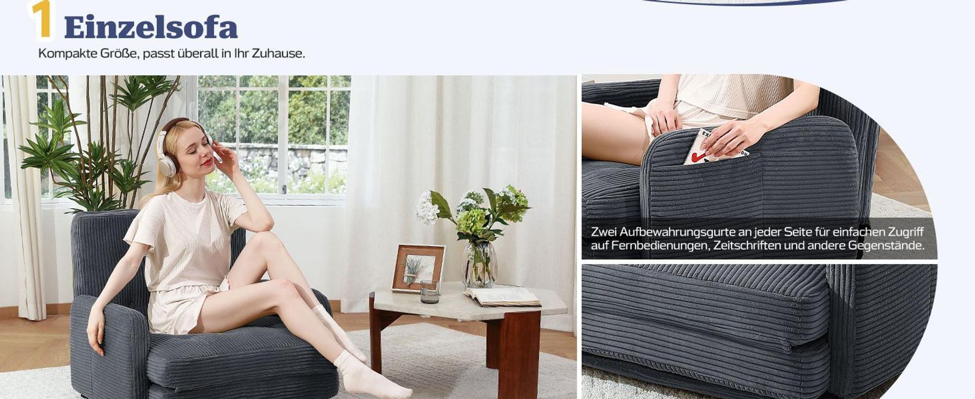 Bodenhohes Sofa,- mit Schlaffunktion, erhältlich in verschiedenen Farben, moderner Cordstoff, Dunkelgrau