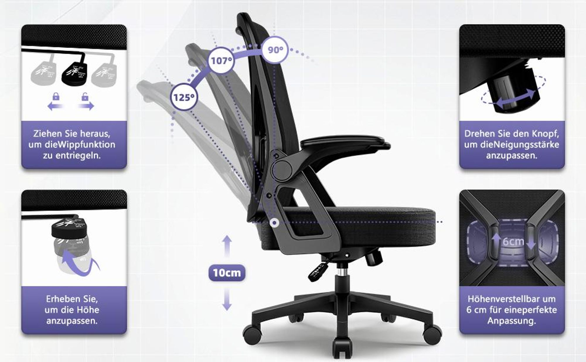 Hiazurm Bürostuhl, Schreibtischstuhl, bürostuhl ergonomisch mit Verstellbaren Armlehnen, höhenverstellbar,S-förmige Lendenstütze,Chefsessel 150kg