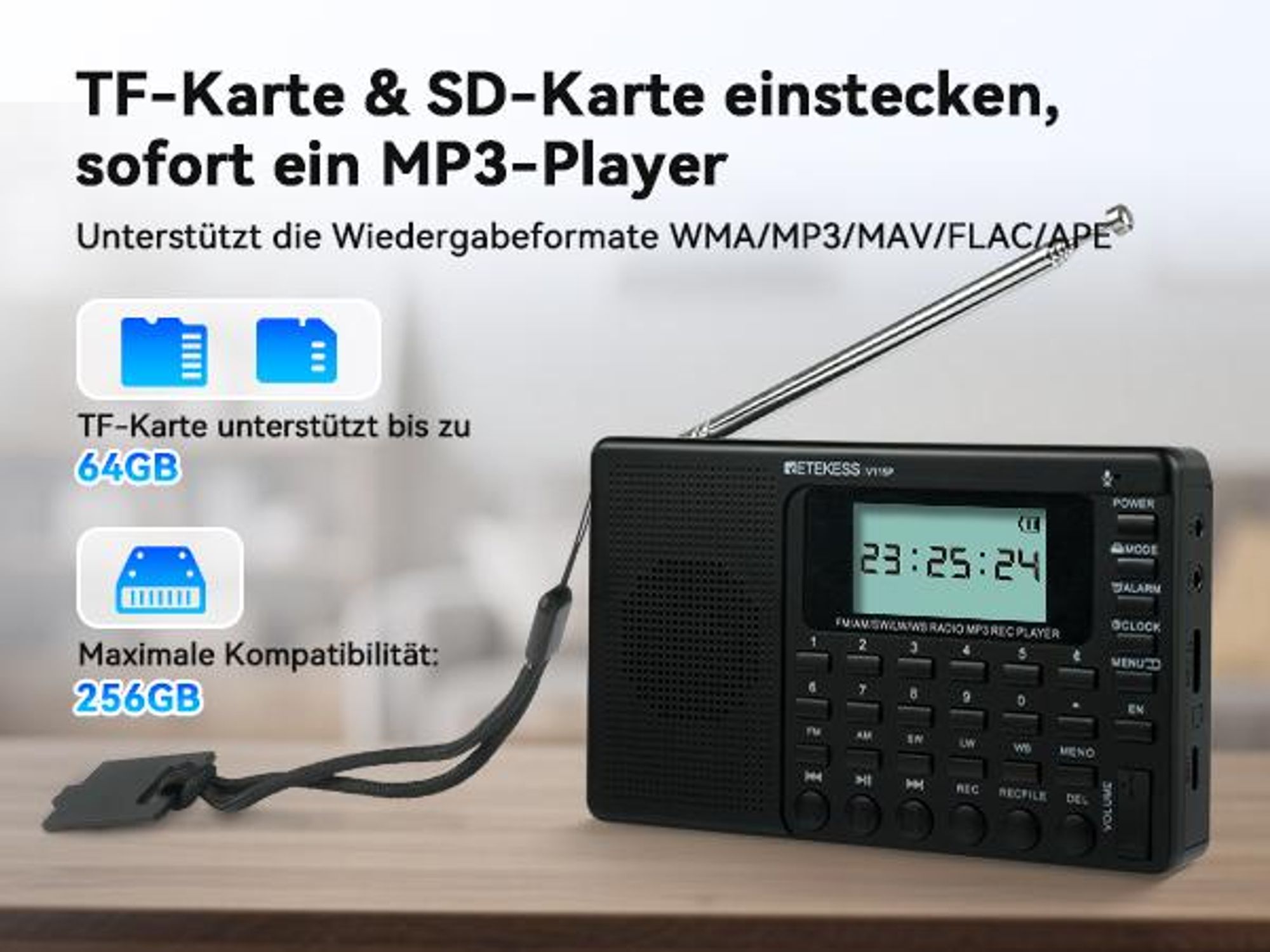 Retekess V115P Tragbares Digitales Radio, AM FM SW LW WB, 1800mAh, Taschenlampe, TF/AUX, Aufnahme, Taschenlampe, Sleep-Timer,für Notfälle, Camping