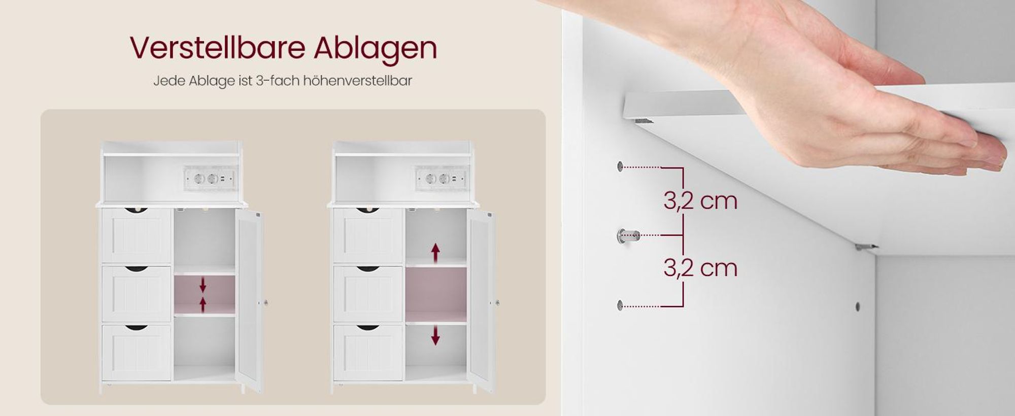 VASAGLE Badezimmerschrank, Badschrank, stehend, mit Tür, Steckdosenleiste, Schubladen, Schrank für Toilettenpapier, Toilettenschrank