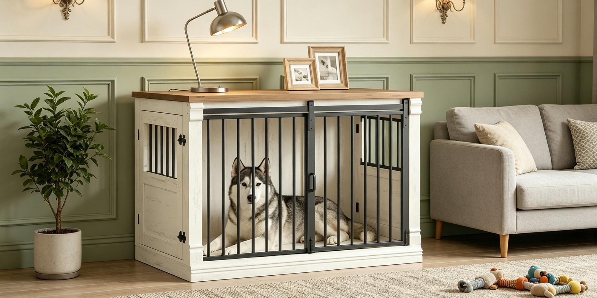 101cm Hundekäfig-Möbel, Hundebox für Zuhause mit 3 Türen Hundebox Holz, Schiebetüren, für Kleine, Mittlere, Große Hunde, Robuster, Beistelltisch