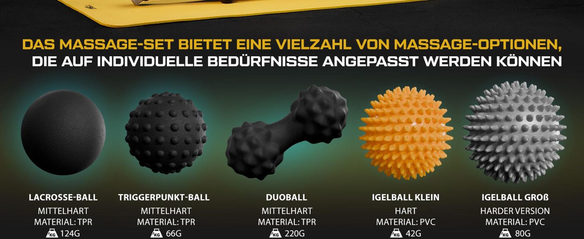 TREX SPORT Massageball Set 5 Stück TX-005MSC | Duoball, Faszienball, Triggerpunktball, Noppenball, Igelball | ø 5,5–9 cm, hart & weich | Selbstmassage