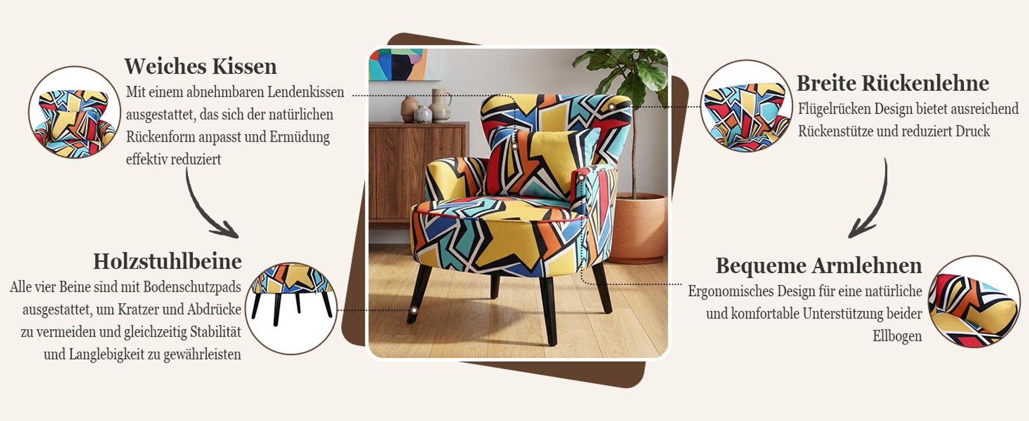 Ohrensessel Bunt, Vintage Sessel Wohnzimmer mit Holzbeinen Ergonomischer Sessel mit geometrischem Muster, Sessel Wohnzimmer für Schlafzimmer