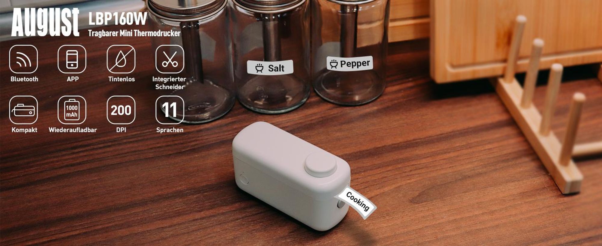 Mini Etikettendrucker Bluetooth mit 1700+ Symbolen Wiederaufladbarer - August LBP160W