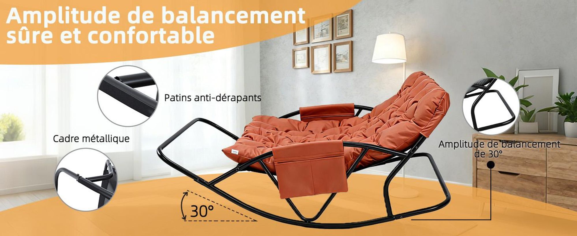 Fauteuil à bascule extérieur pour deux avec coussin et repose-pieds, chambre, salon, terrasse, jardin, balcon, 240 kg, tissu technique, orange