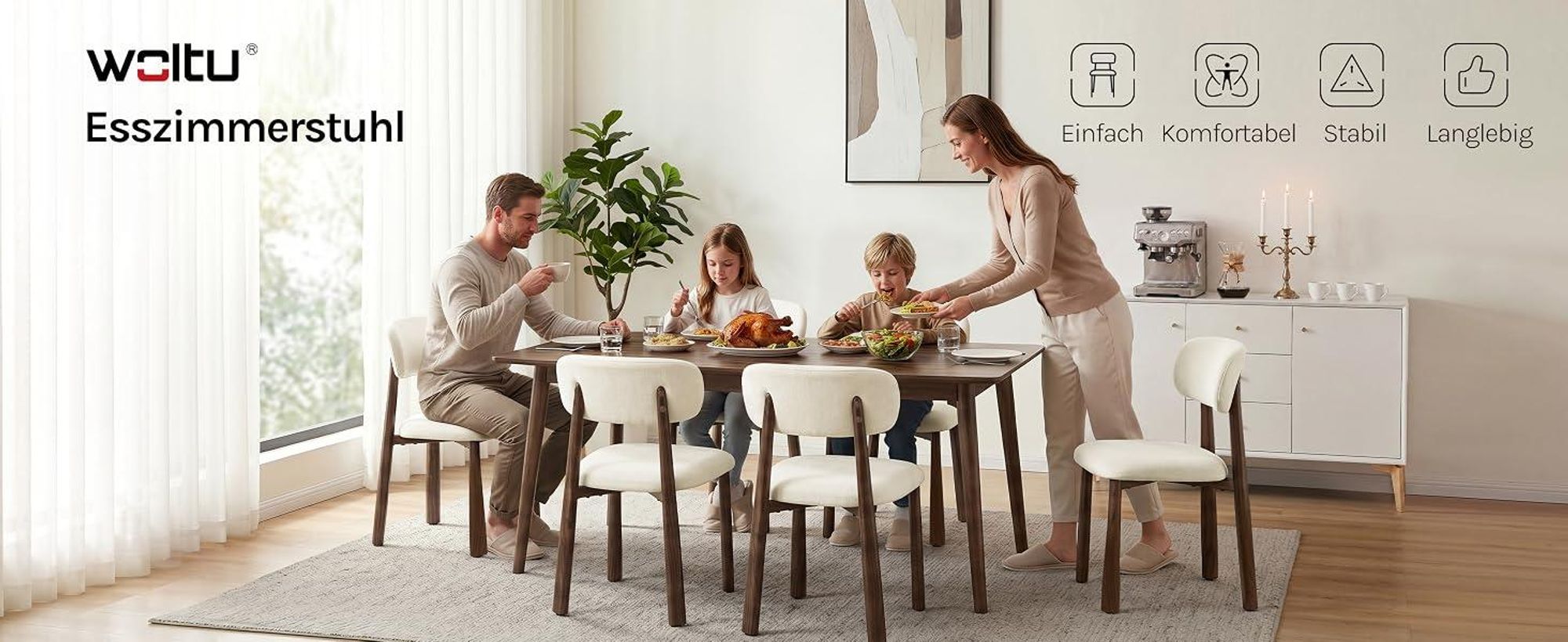 WOLTU Esszimmerstühle, Moderne gepolsterte Stühle mit Fester Rückenlehne, Beige
