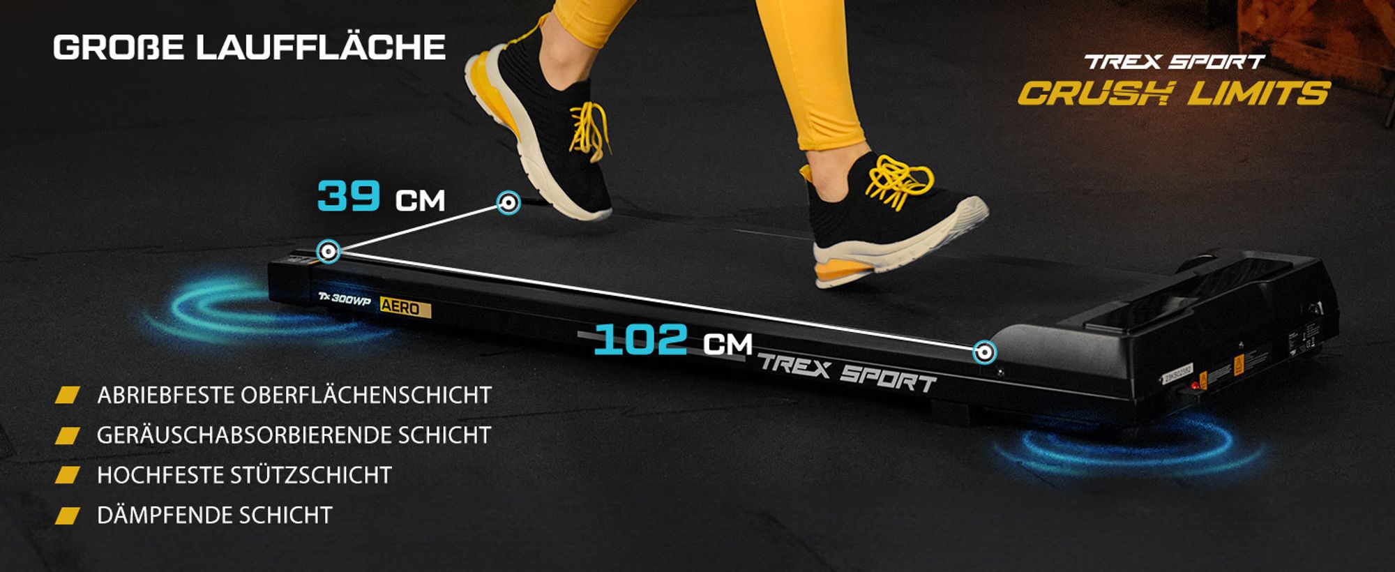 TREX SPORT Laufband für Zuhause elektrisch TX-300WP AERO | Home-Office Walking Pad LED-Anzeige mit Bluetooth, Fernbedienung, bis 6 km/h, leiser Motor