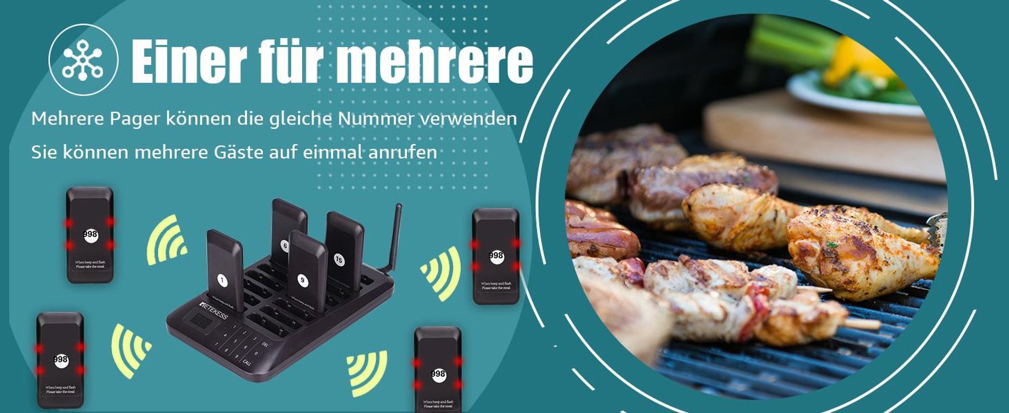 Retekess TD157 Restaurant Pager System, 16 Pagers, 500M Pager Rufsystem, 2 Rufmod, 24H, Pager Pieper für Food Court, Hotel, Café, Bar, 998 Kanäle