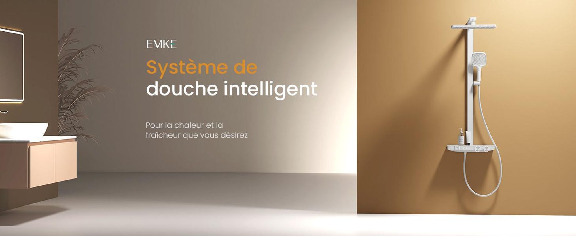 EMKE Système de douche avec thermostat design primé Colonne de douche blanche 360×240mm douche à effet pluie carrée, régulateur de débit, bec de baignoire F29