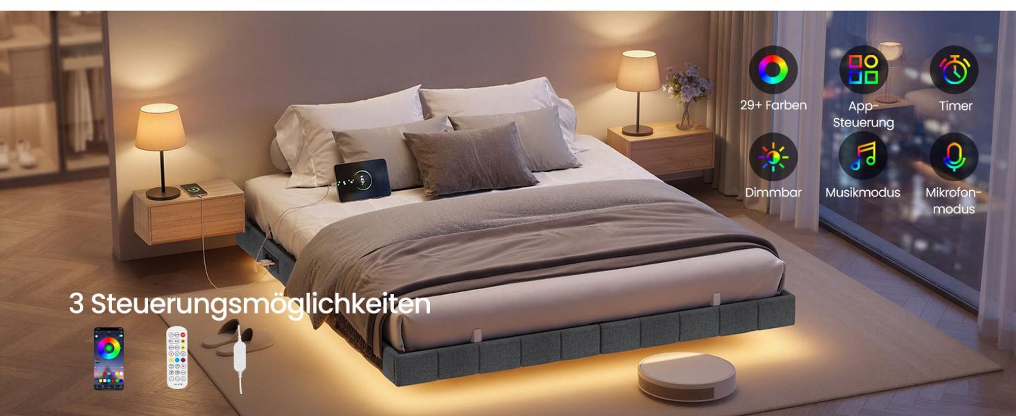VASAGLE Bettrahmen 180 x 200 cm, mit LED-Beleuchtung, Bettgestell, schwebender Effekt, Steckdosenleiste, grau