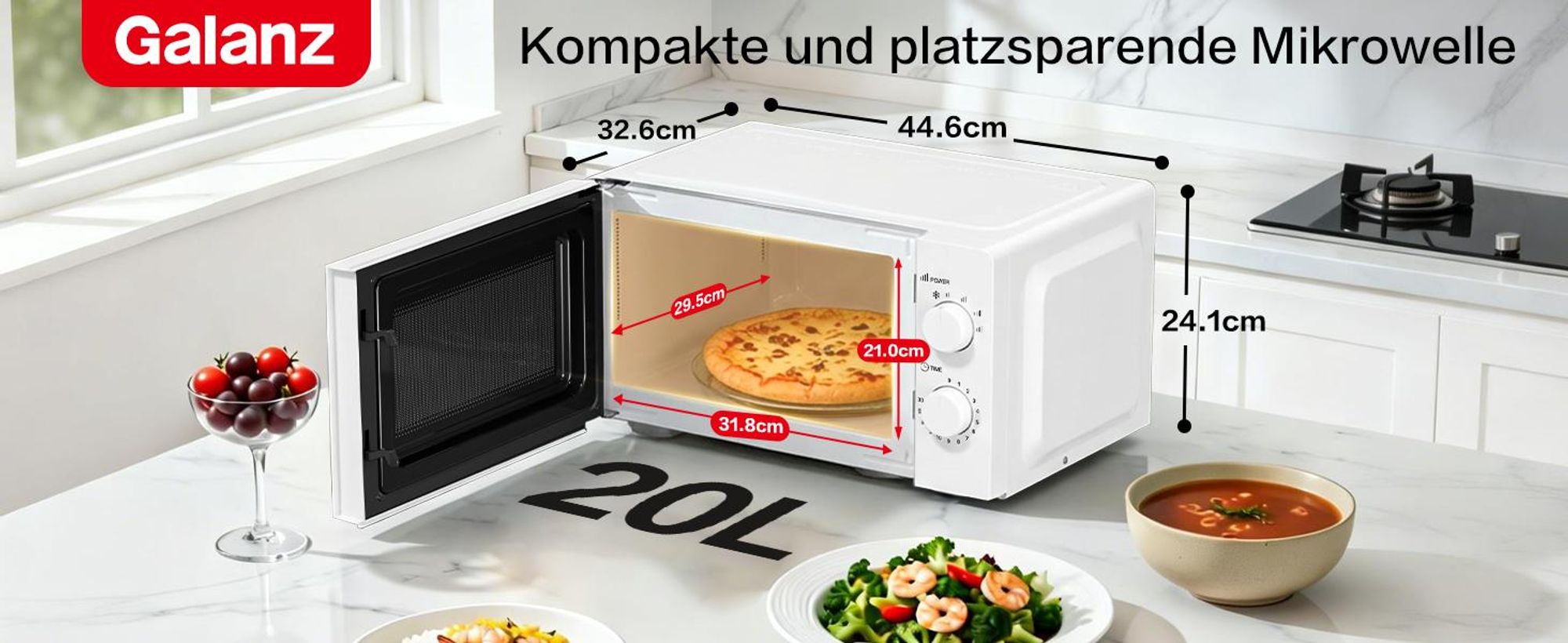 Galanz Mikrowelle 20L Weiß 700W mit Auftaufunktion, 6 Leistungsstufen und Glasdrehteller